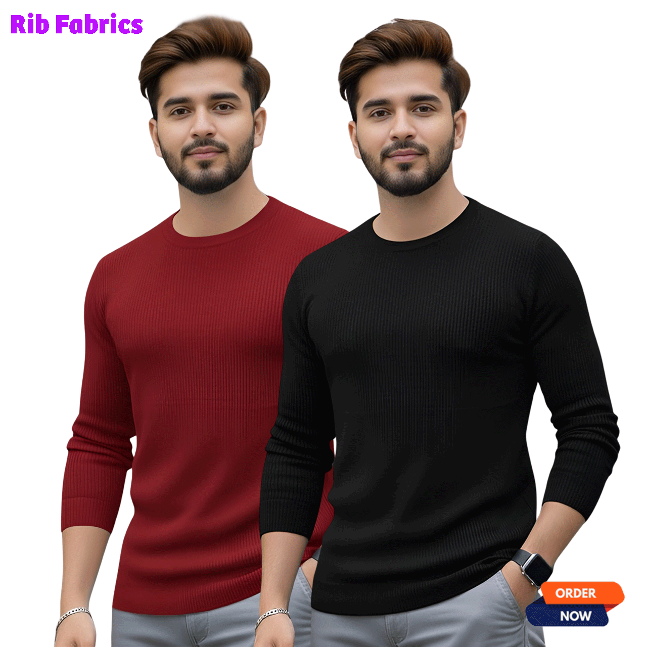 2 Pcs Men's Premium 2/2 Rib Full Sleeve T-shirt - Black + Meroon