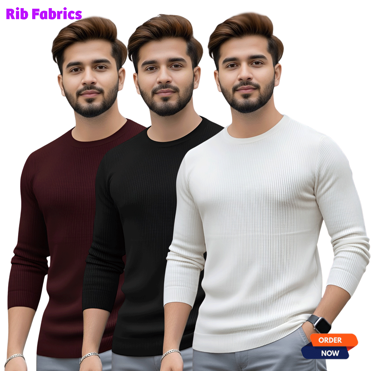 3 Pcs Men's Premium 2/2 Rib Full Sleeve T-shirt - White+Black+Purple