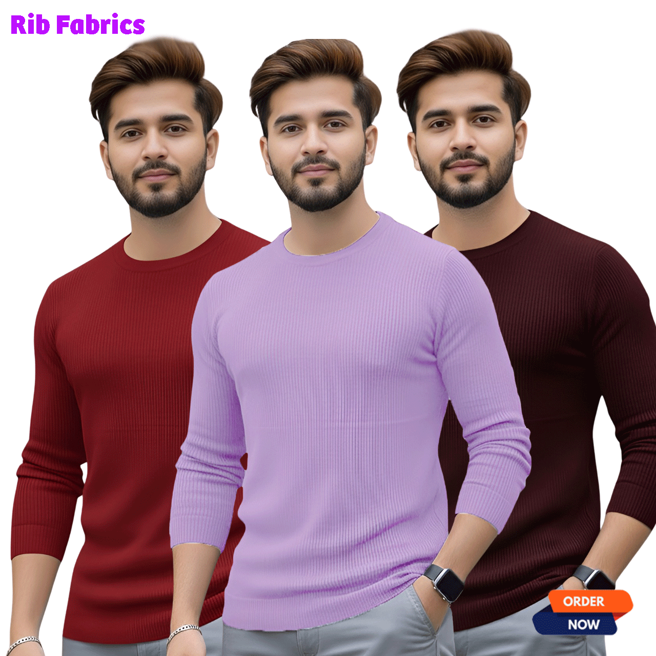 3 Pcs Men's Premium 2/2 Rib Full Sleeve T-shirt - Meroon+Light Pink+ Purple
