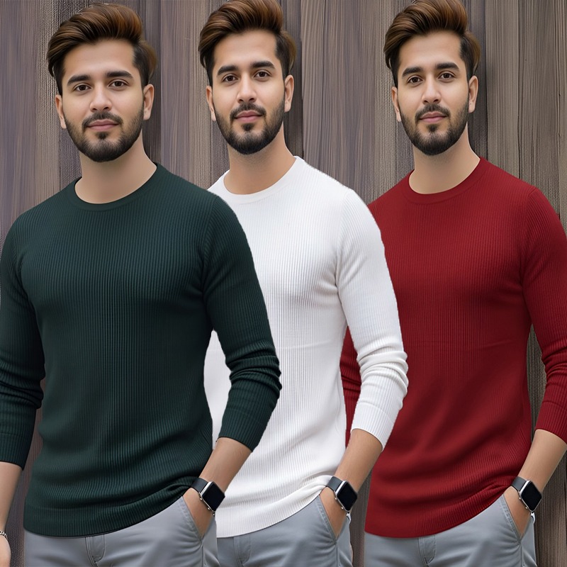 3 Pcs Men's Premium 2/2 Rib Full Sleeve T-shirt - Green+White+Red