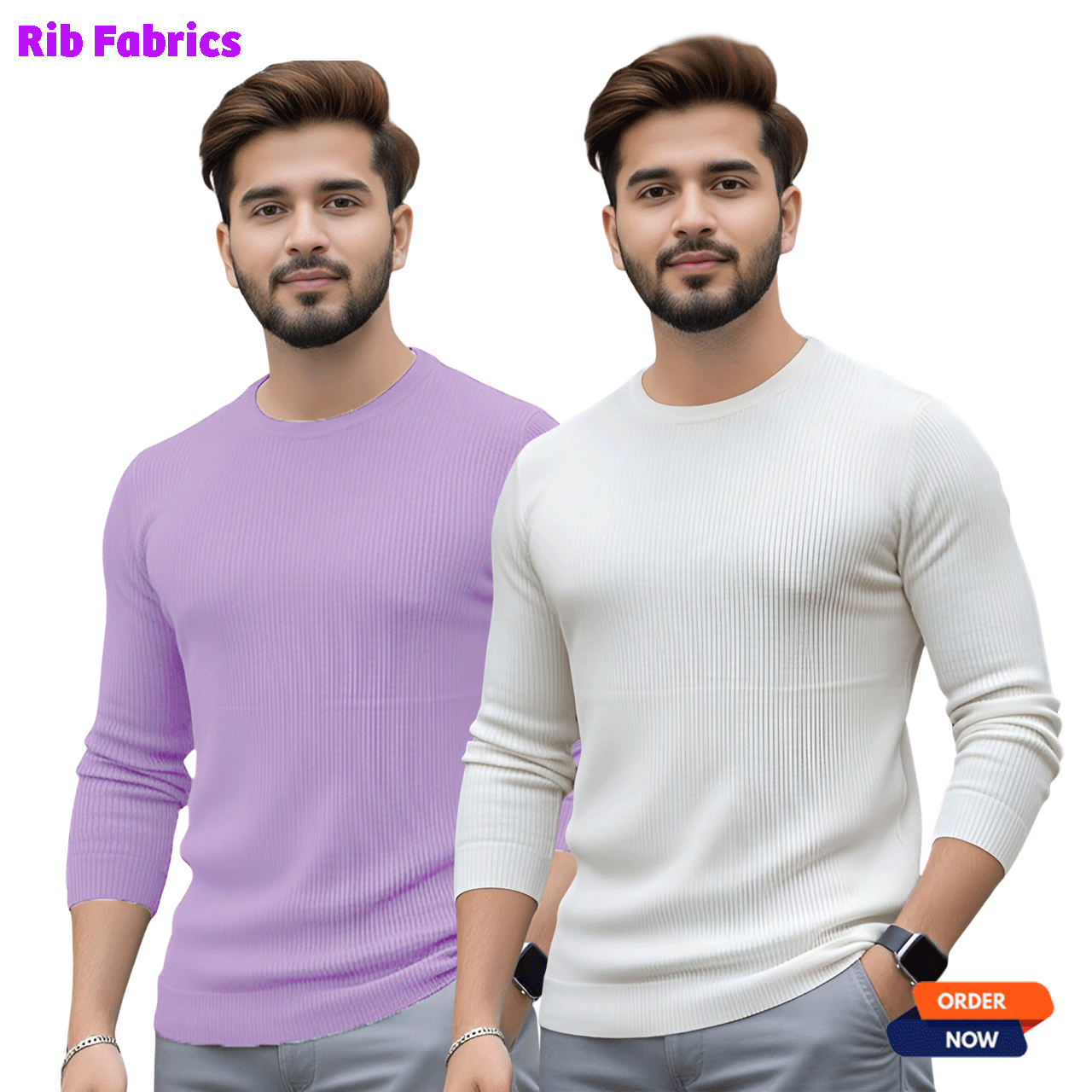 2 Pcs Men's Premium 2/2 Rib Full Sleeve T-shirt - White + light Pink