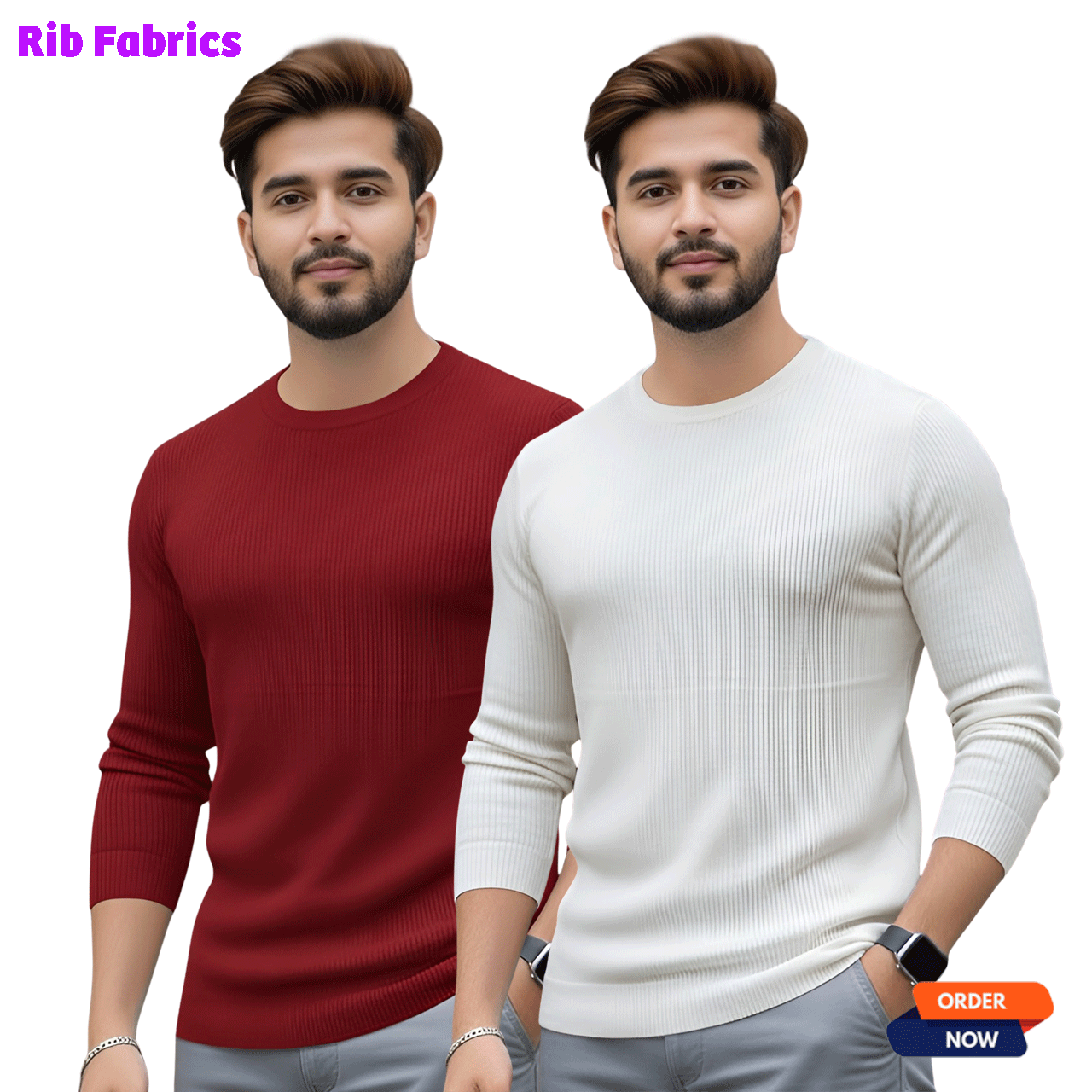 2 Pcs Men's Premium 2/2 Rib Full Sleeve T-shirt - White + Meroon