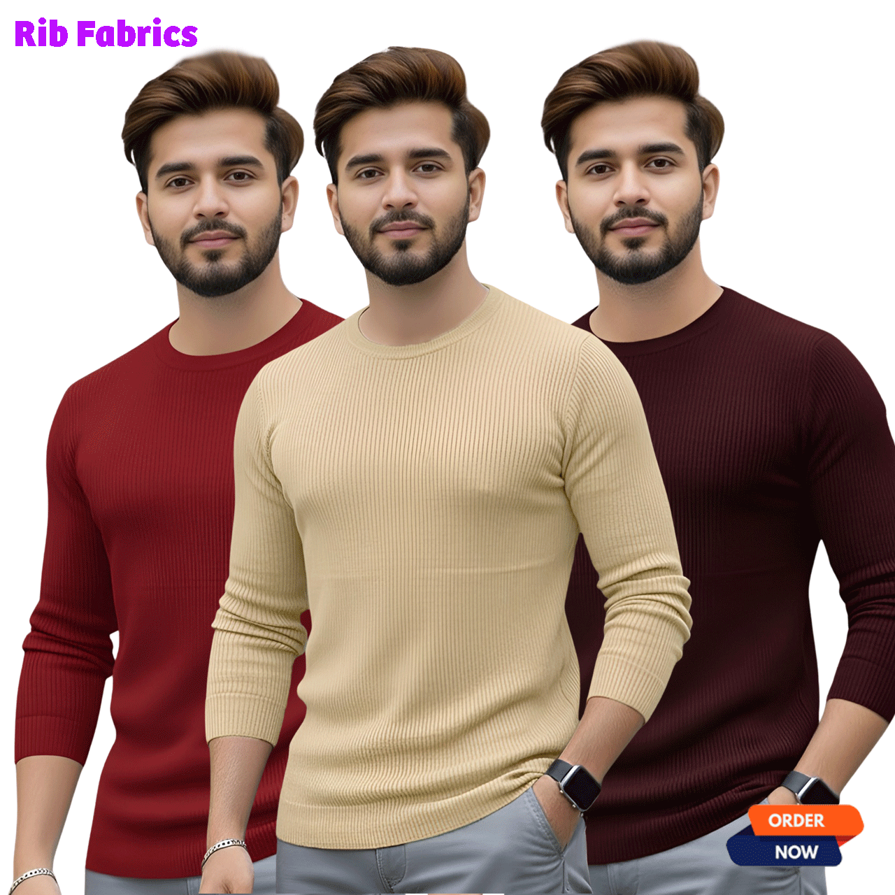 3 Pcs Men's Premium 2/2 Rib Full Sleeve T-shirt - Meroon+Purple +Cream