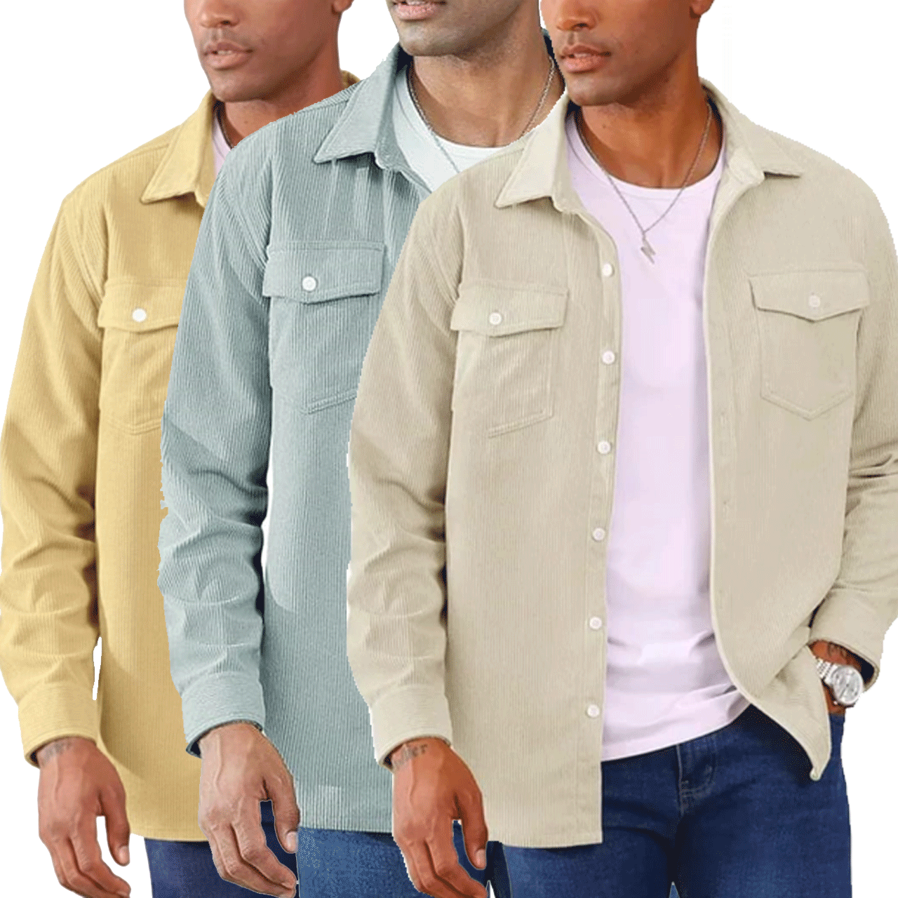 3 Pcs Cord Full Sleeve Shirt - Biskit+Mint+Cream