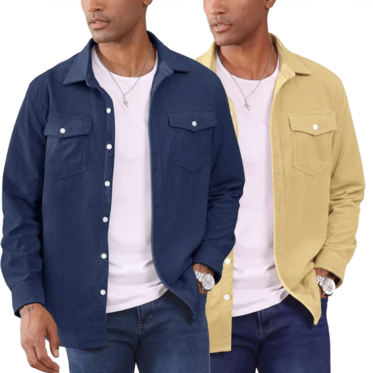 2 Pcs Cord Full Sleeve Shirt - Navy + Biskit